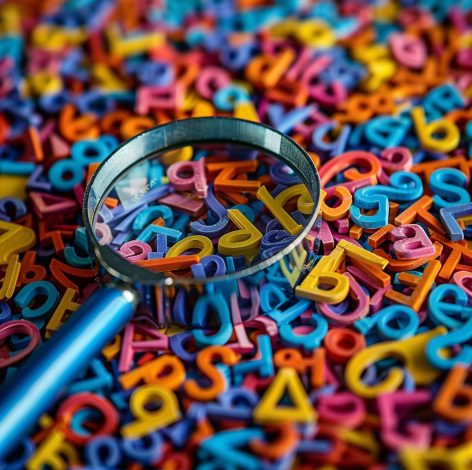 Vibrant plastic letters and a blue magnifying glass invite playful exploration and discovery.